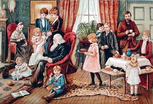 En familj som tar te, ca 1900 (färg litho) av French School
