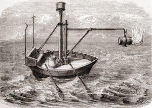 Ett grekiskt eldskepp, efter en teckning i ett latinskt manuskript från 1200-talet, från Les Merveilles de la Science, publicerat ca 1870 (gravyr) av French School