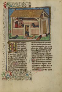 A Hunter Attenting to Kenneled Dogs, c.1430-40 (tempera, guld, silverfärg och blad på pergament) av French School