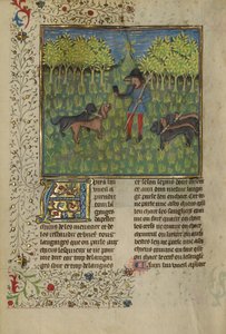 En jägare tränar hundar för att svara på ett horns kall, ca 1430-40 (tempera, guld- och silverfärg och bladguld på pergament) av French School