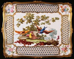 En bricka av Louis XV Sevres dekorerad med tre exotiska fåglar i ett landskap, som bildar toppen av ett bord, ett kafé, 1761 av French School
