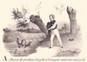 S: Kärlek till nästa, han kastar sig i vattnet för att rädda en kamrat. av French School