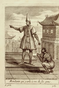 En mandarin man pratar med ett av sina folk, från Voyage du Siam des Peres Jesuites av Guy Tachard, 1688 av French School