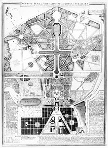 En ny plan för staden, slottet och trädgårdarna i Versailles, 1714 av French School