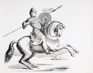 En normansk riddare klädd i ringbrynja och hjälm som bär spjut och sköld, 1873 av French School