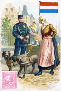 En brevbärare i Holland pratar med en kvinna som levererar mjölk i en hundkärra, sent 1800-tal av French School