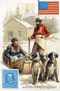 En brevbärare i U.S.A. som levererar post på vintern, sent 1800-tal av French School