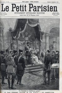 Ett förslag om allmän nedrustning (framställt till de europeiska makterna) - Tsar Nicholas II (1868-1918) läser upp sin reskription för sina rådgivare. Le Petit Parisien av French School
