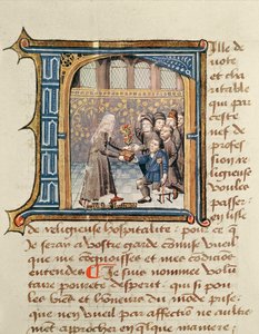 En syster som tar emot gåvor från patienter, från Le Livre de Vie Active de lHotel Dieu de Paris av Jean Henry, ca 1482 av French School