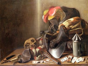 Ett Vanitas stilleben med dödskalle, spelkort och rustning, ca 1650 (olja på duk) av French School