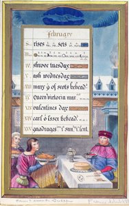 Ett viktorianskt kalenderblad för februari med en illustration från Anne de Bretagnes timbok (1488-1514) av French School