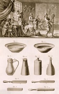 En frisersalong och frisörverktyg, från Encyclopedie des Sciences et Metiers av Denis Diderot (1713-84) publicerad ca 1770 av French School