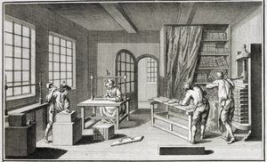 En bookmakerworkshop, från Encyclopedie des Sciences et Metiers av Denis Diderot (1713-84) publicerad ca 1770 av French School