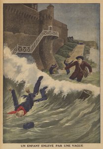 Ett barn svept iväg av en våg (färg litho) av French School