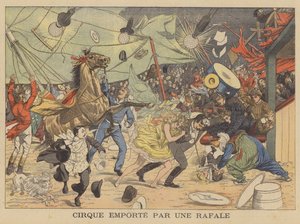 Ett cirkustält som förs bort av en vindpust (färglitografi) av French School