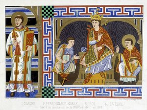 En diakon, en ädel figur, en kung och en eveque som illustrerar 900-talets människor; Illustration av artonhundratalet hämtar från "Frankrike i det tionde århundradet". av French School