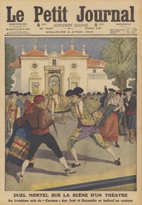 En dödlig duell på scenen på en teater i Spanien (färg litho) av French School