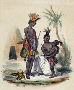 En familj av kanadensiska indianer framför sina tipier; illustration för Kanada, -i "The twelve Nations" av M.E Fouinet av French School