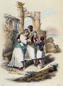 En familj omgiven av ruiner; illustration för Grekland, -i "De tolv nationerna" av M.E. Fouinet av French School