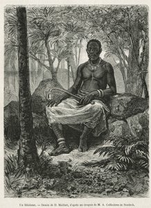 En feticheur, trollkarl som kan använda fetichernas magiska kraft, teckning av D.Maillart, för att illustrera berättelsen om en resa till Gabon och Ogoue-floden, 1875-1877, av Alfred Marche. Gravyr i Le tour du monde av French School