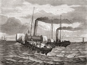 Ett första försök 1850 av John Watkins Bretts Anglo-French Telegraph Company att lägga den första linjen under Engelska kanalen, från Dover till Calais, med hjälp av de ombyggda bogserbåtarna Goliath och Widgeon, från Les Merveilles de la Science, publicer av French School