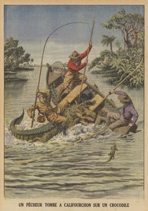 En fiskare faller på en krokodil efter att den kapsejsade hans båt (färg litho) av French School