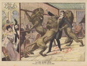 En dåraktig ung man attackerad av lejon efter att ha gått in i deras bur (färg litho) av French School