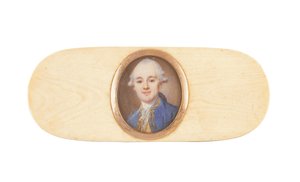 En gentleman, som sägs vara Sir Robert Ainslie, Bt., placerad i locket på en låda (akvarell på elfenben) av French School