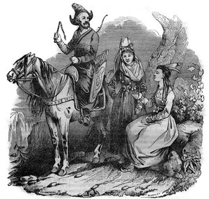 En grupp kirgiziska (kirgiziska) kosacker i traditionell dräkt. I "" Den pittoreska butiken"" 1835 av French School
