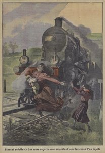 Ett hjärtskärande självmord: en mamma som kastar sig själv och sitt barn under hjulen på ett snabbtåg (färg litho) av French School