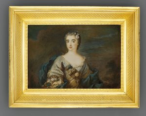 En dam som heter Louise-Jeanne de Durfot, Duchesse de Mazarin et de la Meilleraye, ca 1750 (akvarell på elfenben) av French School