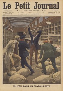 En galning i en postvagn på ett tåg som anländer till Paris (färg litho) av French School