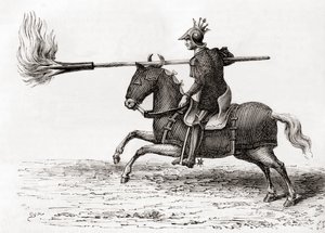 En medeltida riddare som bär en eldlans, eller eldspjut, ett av de första krutvapnen i världen, från Les Merveilles de la Science, publicerad ca 1870 (gravyr) av French School