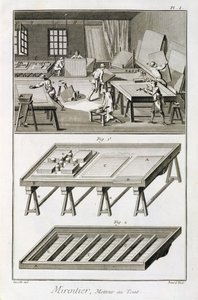 En verkstad för spegelmakare och verktyg, från Encyclopedie des Sciences et Metiers av Denis Diderot (1713-84) publicerad ca 1770 av French School