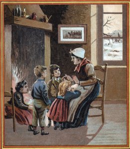 En mamma berättar historier för sina barn vid elden. Omslaget till boken "" Les tales du foyer pour les petits""". Anonym gravyr från 1800-talet. av French School