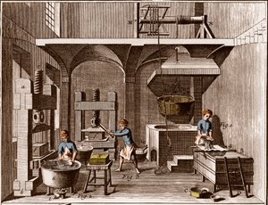 Ett pappersbruk - Brevpapper: Collage - "" The Great Encyclopedia, eller Dictionnaire Raisonne des Sciences, des Arts et des Metiers" (Encyclopedia or Dictionary of the Sciences, Arts and Professions) av Denis Diderot (1713-1784) och Jean d