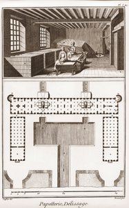 Ett pappersbruk - Brevpapper: Delissage - "" The Great Encyclopedia, eller Dictionnaire Raisonne des Sciences, des Arts et des Metiers" (Encyclopedia or Dictionary of the Sciences, Arts and Professions) av Denis Diderot (1713-1784) och Jean d