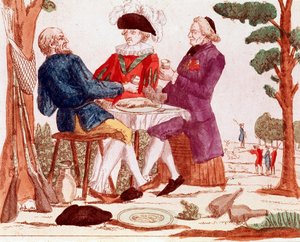 En bonde (tiers etat), präst och aristokrat äter en kanin tillsammans vid ett bord, i den högra bakgrunden en jaktscen, till vänster tre gevär, augusti 1789 (gravyr, slutet av 1700-talet) av French School