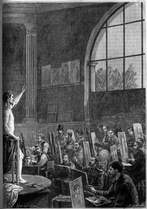 En posesession i en konstnärsverkstad i Paris. Gravyr i den berömda journalen "" La jeunesse"" av French School