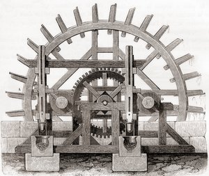 En pulverkvarn och dess vattenhjul, efter en teckning från 1800-talet, från Les Merveilles de la Science, publicerad ca 1870 (gravyr) av French School