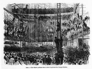 Ett offentligt möte i gymnastikhallen på Champs-Elysées i Paris - i "La Presse illustrée"" n¡104, 1869-10-30, koll. Selva. av French School