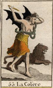 En representation av ilska klädd i skärvor, hon håller en dolk och sliter av sig håret. (Representation av Arg, klädd med trasor, hon håller en kniv och sliter av sig håret). Från "Mythology of Youth" av Pierre Blanchard 1803. av French School