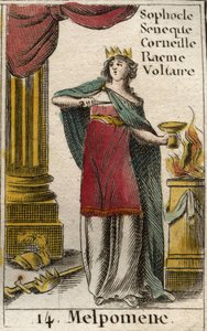 En representation av melpomene, musa av tragedin, hon bär en krona, en spira och en dolk, samt en kopp gift (Representation of Melpomene, Muse of Tragedy, med en krona, en tragisk mask, en kniv och en kopp av gift Från "Mythology of Youth" av av French School