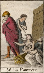 En representation av fattigdom, barfota och klädd i skärvor, sitter hon på halm. (Representation of Poorness, klädd med trasor, barfota, hon sitter på halm). Från "Mythology of Youth" av Pierre Blanchard 1803. av French School
