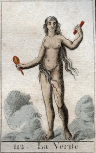 En representation av sanningens gud, en naken ung kvinna med ett uppriktigt ansikte, hon håller i en spegel. (Representation of Truth, som en naken ung kvinna med rättframt ansikte håller hon en spegel). Från "Mythology of Youth" av Pierre Blanchard 1803. av French School