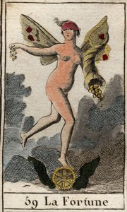 En representation av slumpens gudinna Fortune (Fortuna), hon avgör människors goda och onda, håller ett horn av överflöd och står på ett hjul. (Representation av Fortuna, lyckans gudinna, hon bestämmer över vad som händer med människor, hon ho av French School