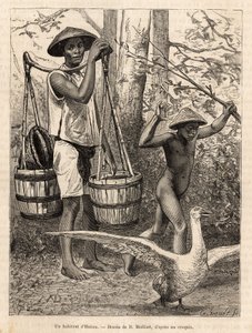 En invånare i Hatien (Vietnam) som bär hinkar och korg och ett barn som jagar en gås med en pinne, graverar efter en teckning av Robin som illustrerar resan till Cochinchine, av doktor Morice, 1872, publicerad i "" Le tour du monde"" ” 1875, redigerad av E av French School