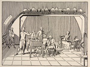 Ett andningsexperiment i Lavoisiers laboratorium, kopia av Boris Mestchersky (d.1957) illustration från Histoire de la Nation Francaise, Sciences, Volym I & II, av Gabriel Hanotaux (1853-1944) av French School