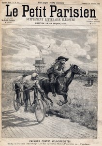 En ryttare tävlade mot velocipedister: William Frederic Cody (1846-1917), känd som Buffalo Bill, känd som King of the Cowboys och cyklisterna Gaby och Fournier in Tandem. En av tidningarna "Le petit Parisien"" 1893-11-26 (gravyr) av French School