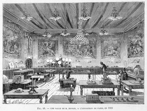 Ett rum av Mr. Edison på Paris-utställningen 1881 - i "The new conquests of science" av Louis Figuier av French School